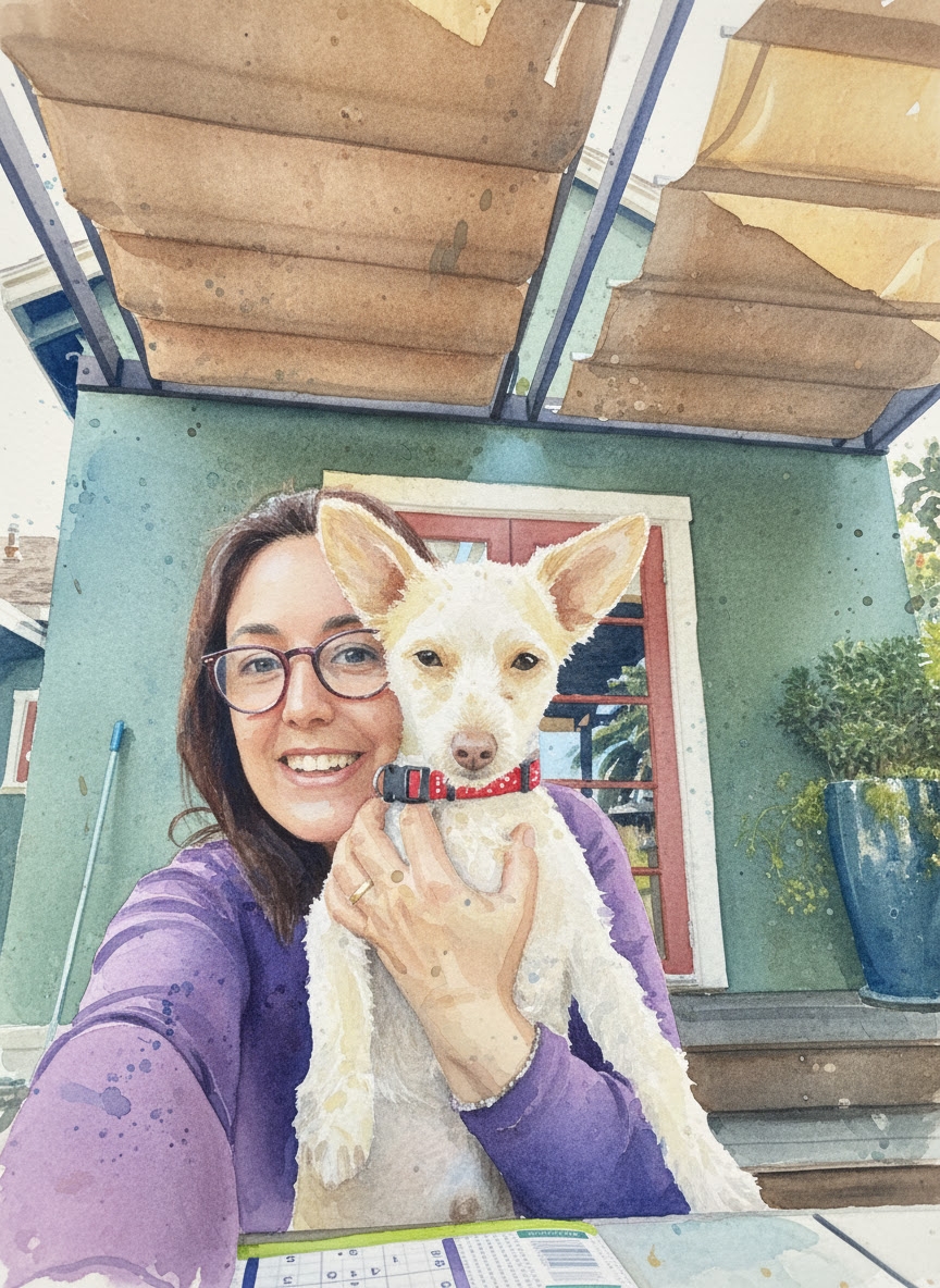 Watercolor of Laura with her dog