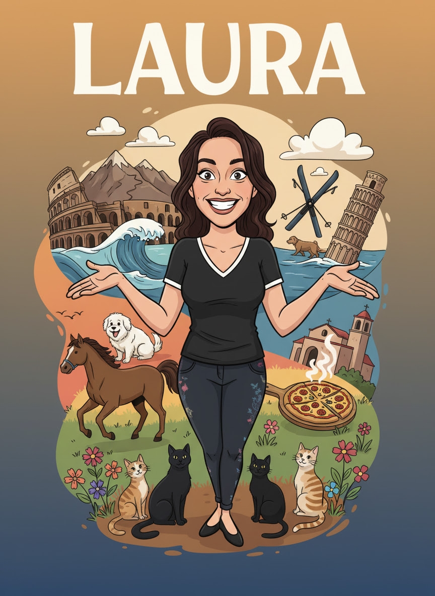 Laura Del Piero illustration with Italian icons and pets